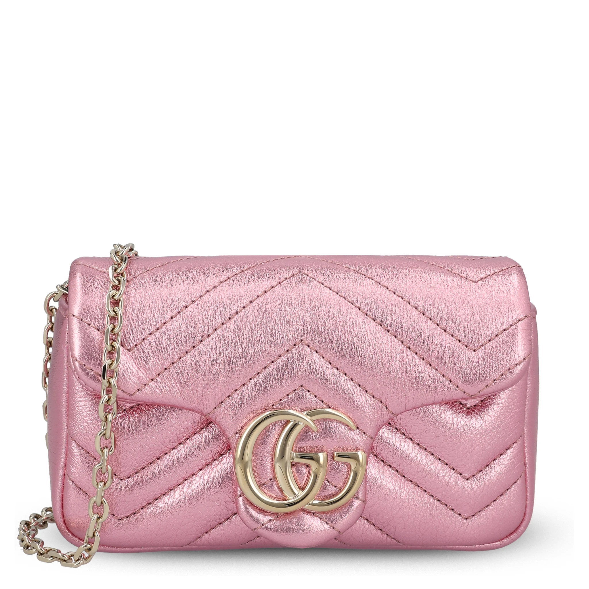 GG Marmont mini shoulder bag in pink metallic lamé leather