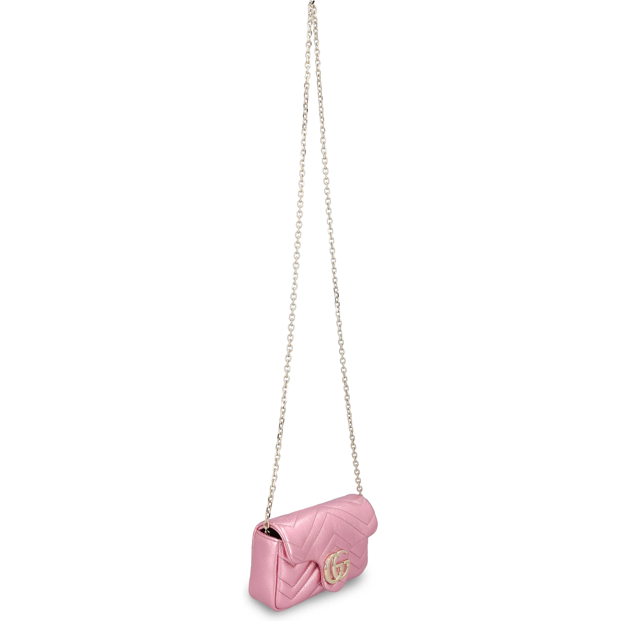 GG Marmont mini shoulder bag in pink metallic lamé leather