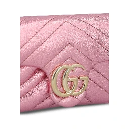 GG Marmont mini shoulder bag in pink metallic lamé leather