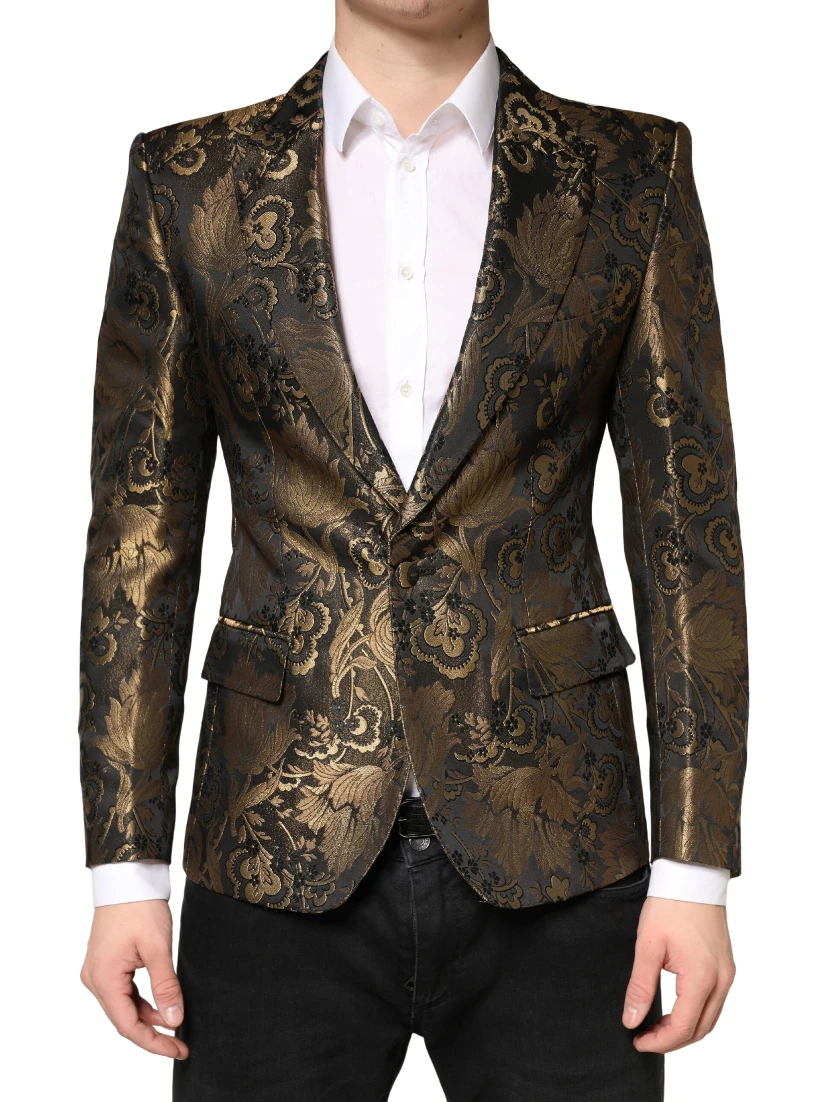 Gold Jacquard Single Breasted Tuxedo Blazer