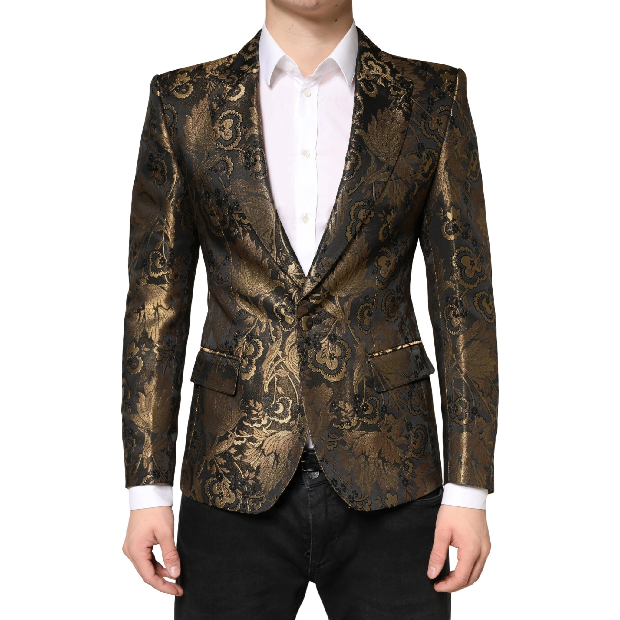 Gold Jacquard Single Breasted Tuxedo Blazer