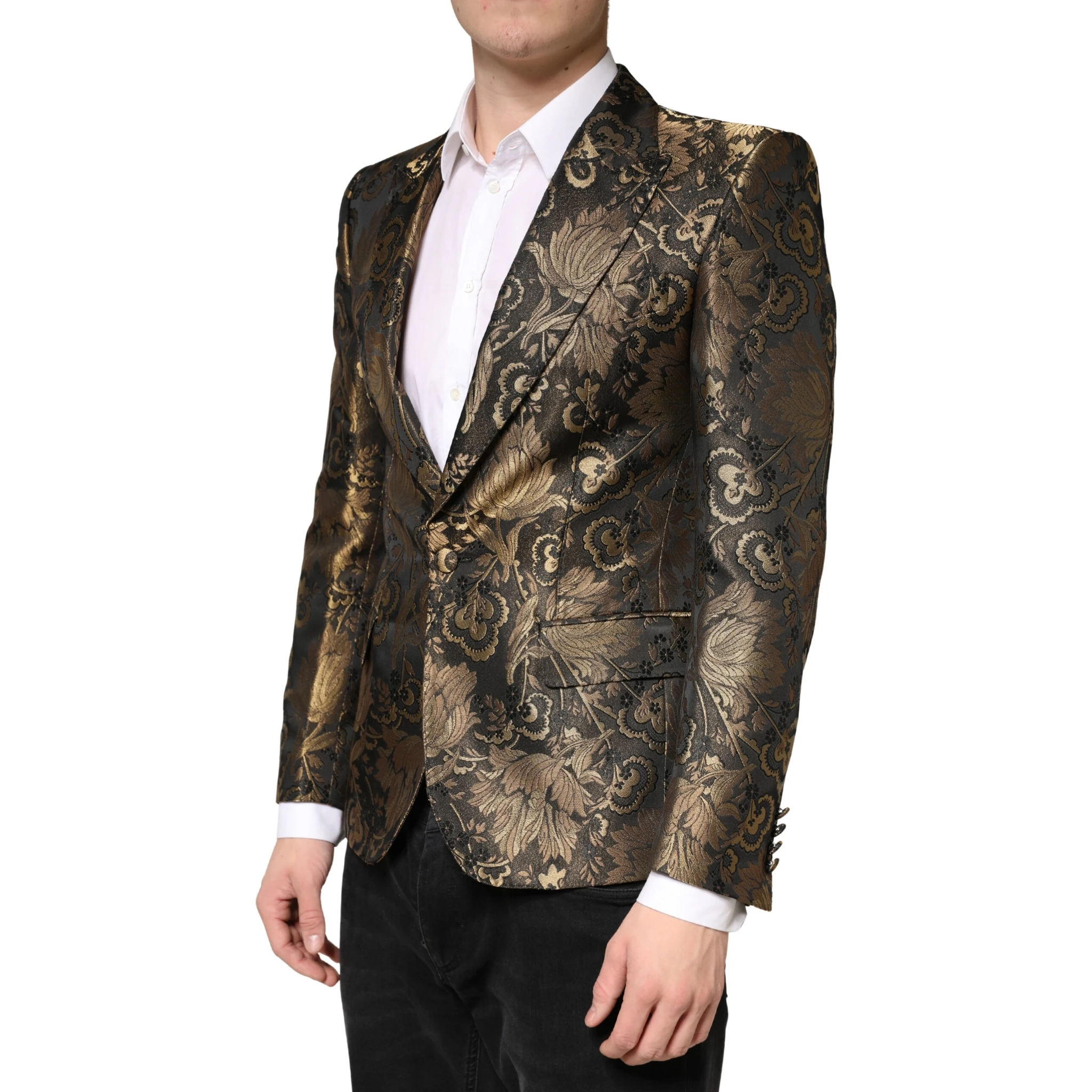 Gold Jacquard Single Breasted Tuxedo Blazer