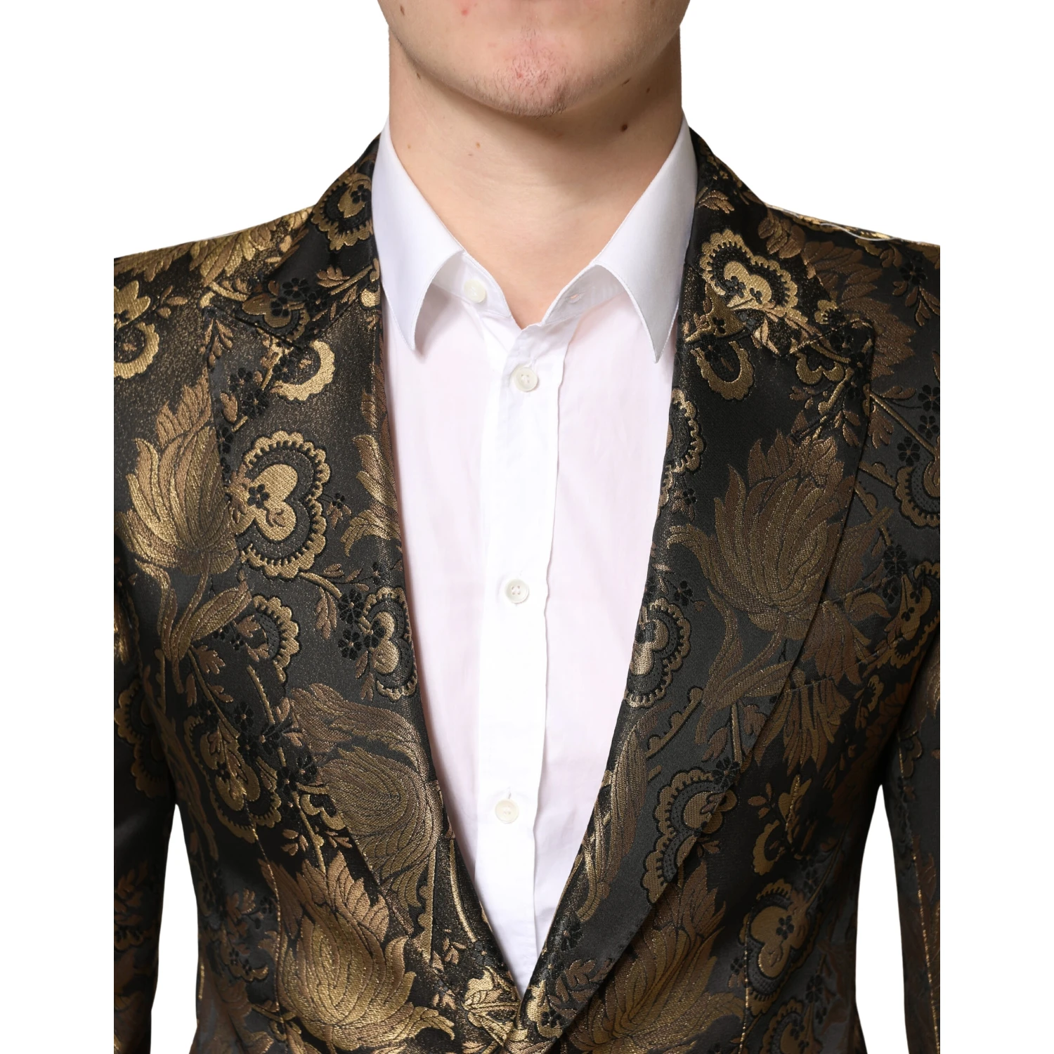 Gold Jacquard Single Breasted Tuxedo Blazer