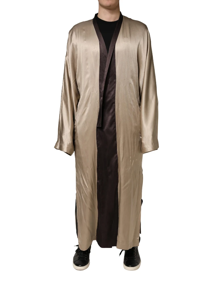 Beige Silk Satin Long Coat Robe Jacket