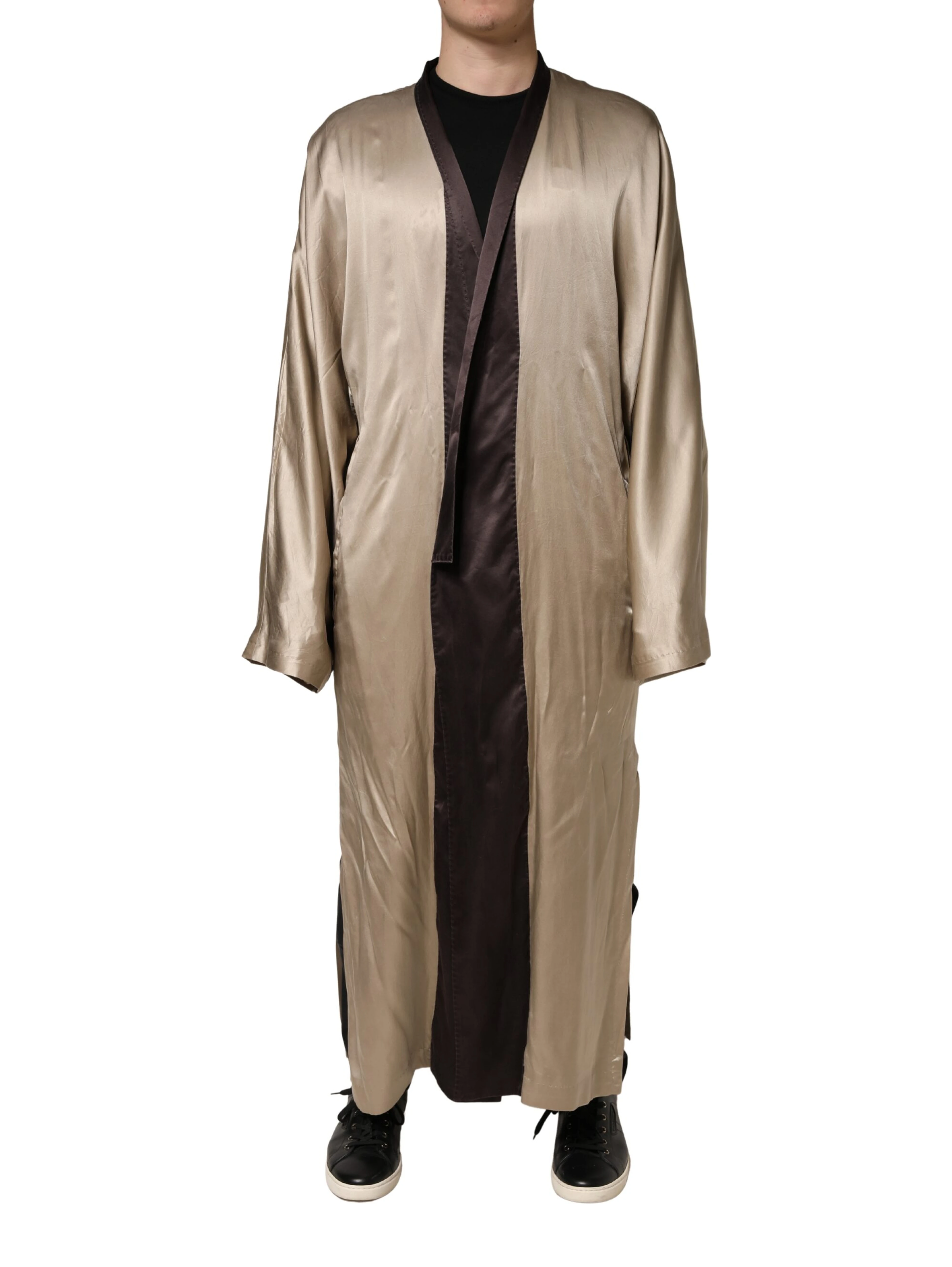 Beige Silk Satin Long Coat Robe Jacket