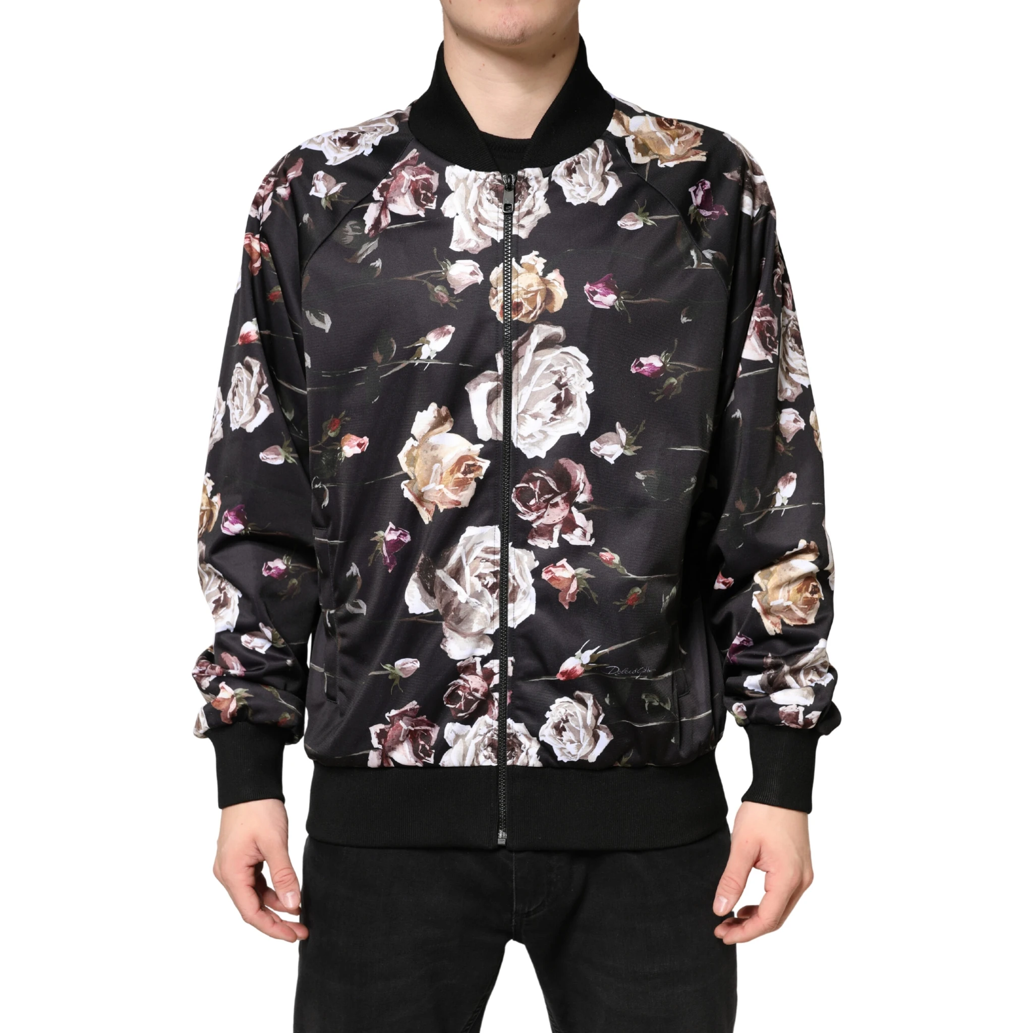 Black Floral Polyester Full Zip Bomber Jacket
