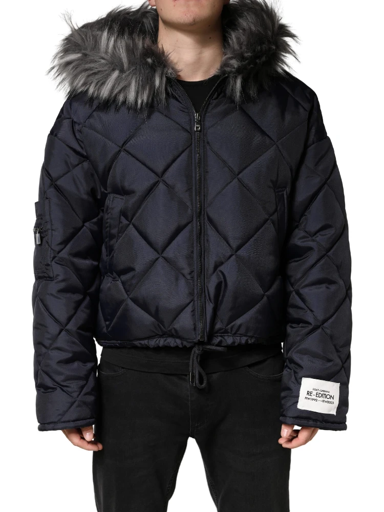 Black Quilted Fur Shearling Hooded  Jacket