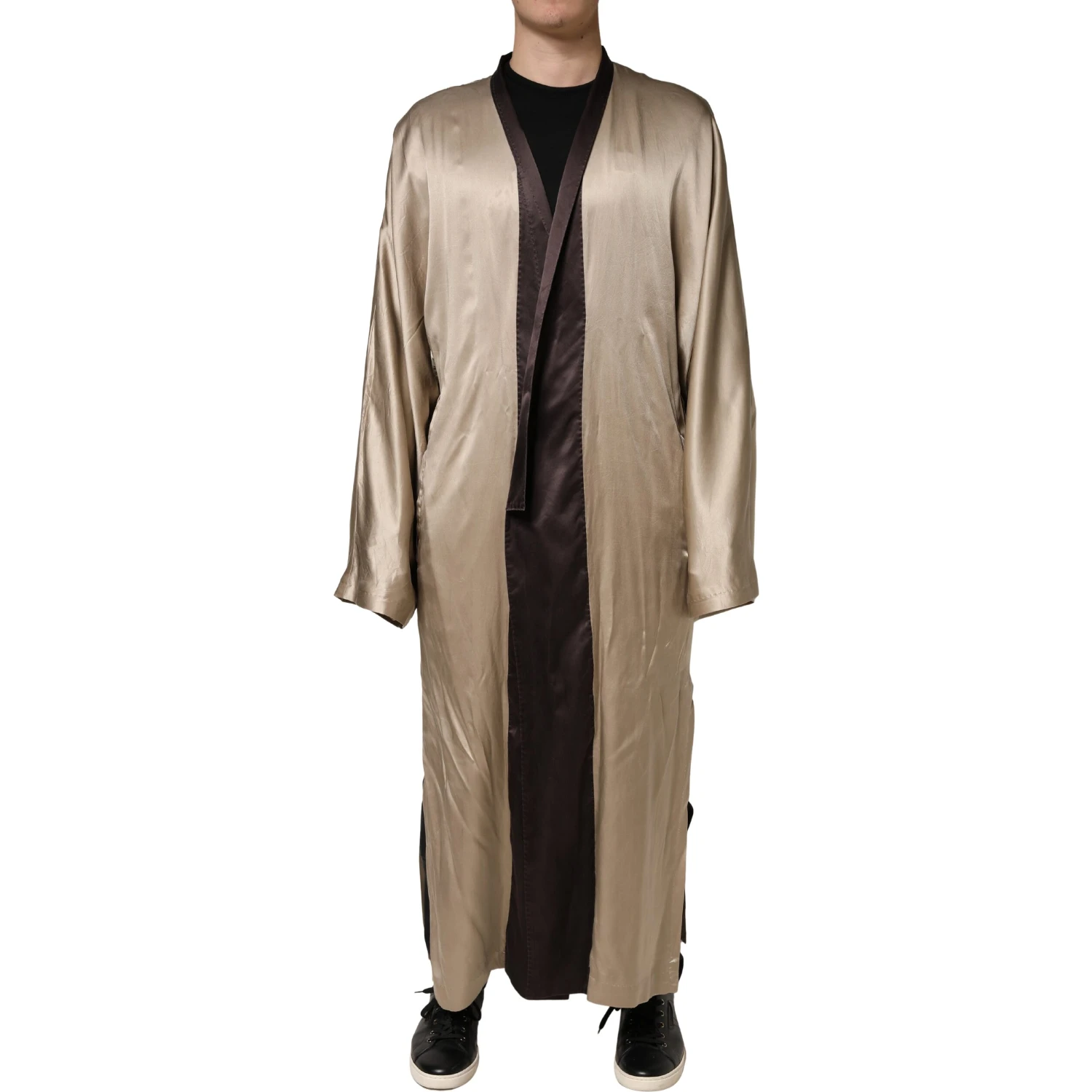 Beige Silk Satin Long Coat Robe Jacket