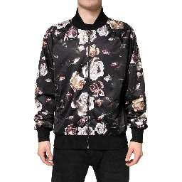 Black Floral Polyester Full Zip Bomber Jacket