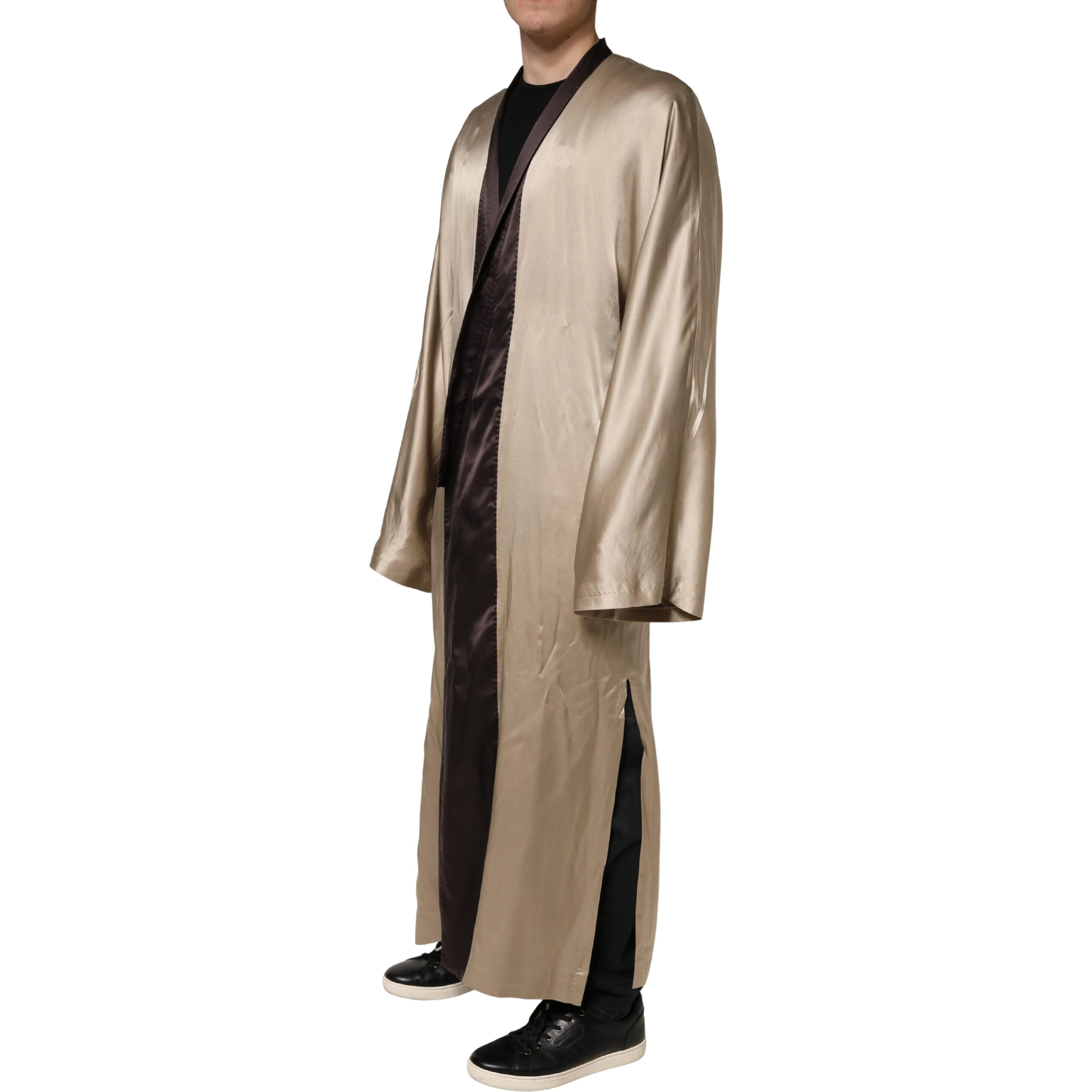 Beige Silk Satin Long Coat Robe Jacket