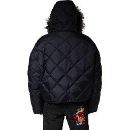 Black Quilted Fur Shearling Hooded  Jacket