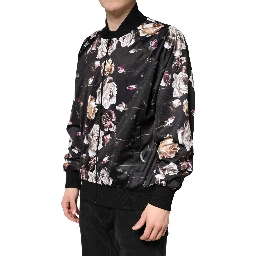 Black Floral Polyester Full Zip Bomber Jacket