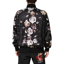 Black Floral Polyester Full Zip Bomber Jacket