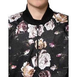 Black Floral Polyester Full Zip Bomber Jacket