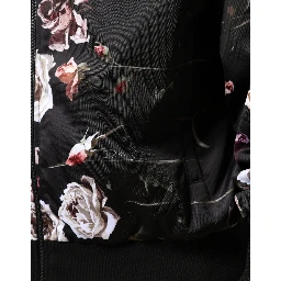Black Floral Polyester Full Zip Bomber Jacket