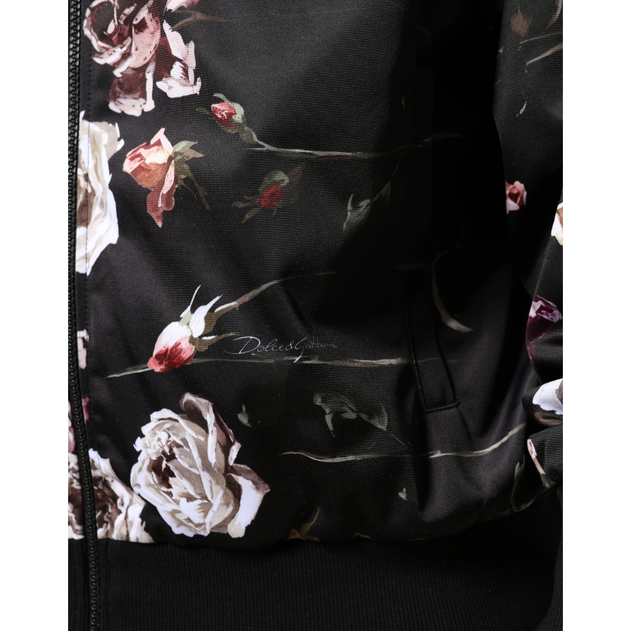 Black Floral Polyester Full Zip Bomber Jacket