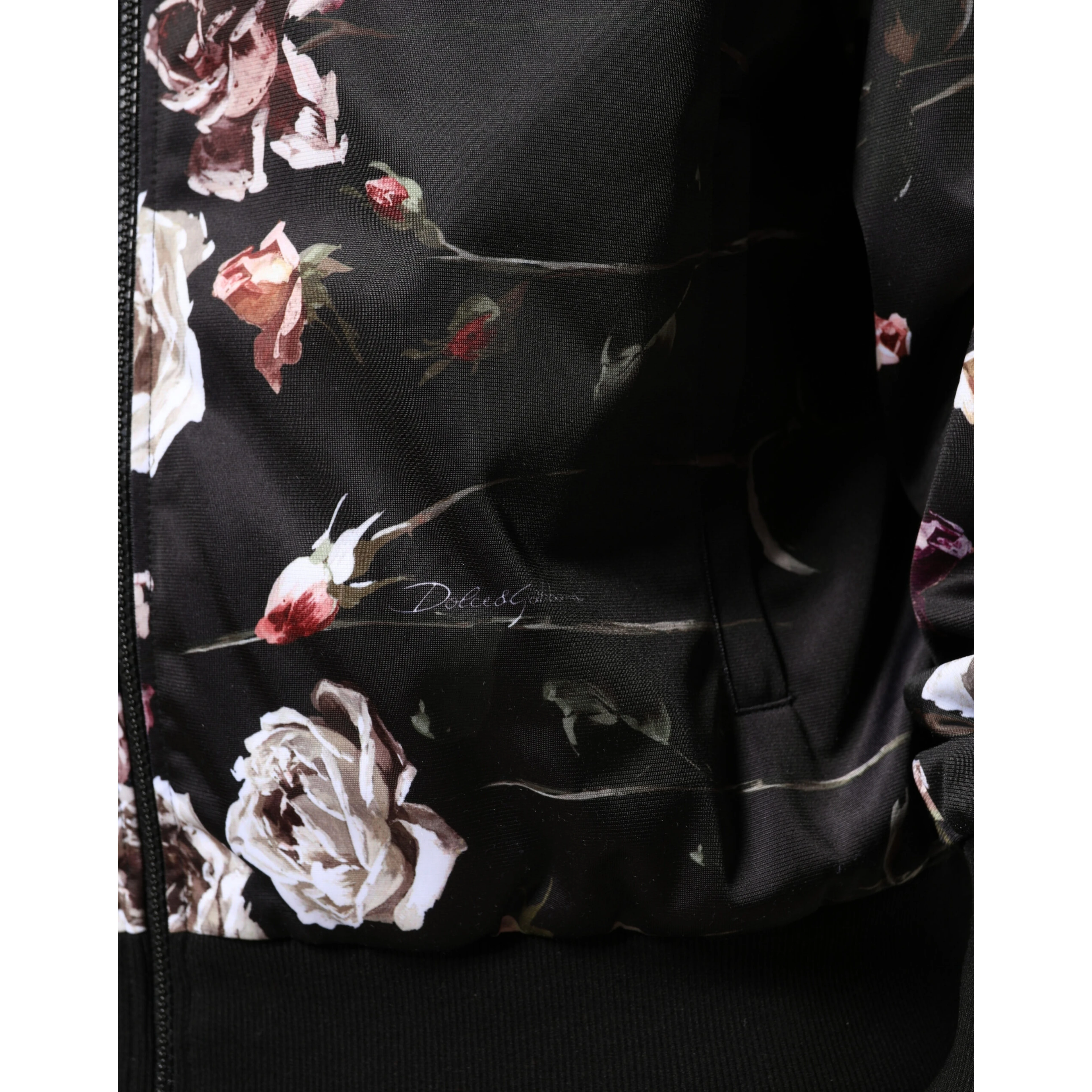Black Floral Polyester Full Zip Bomber Jacket