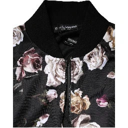Black Floral Polyester Full Zip Bomber Jacket