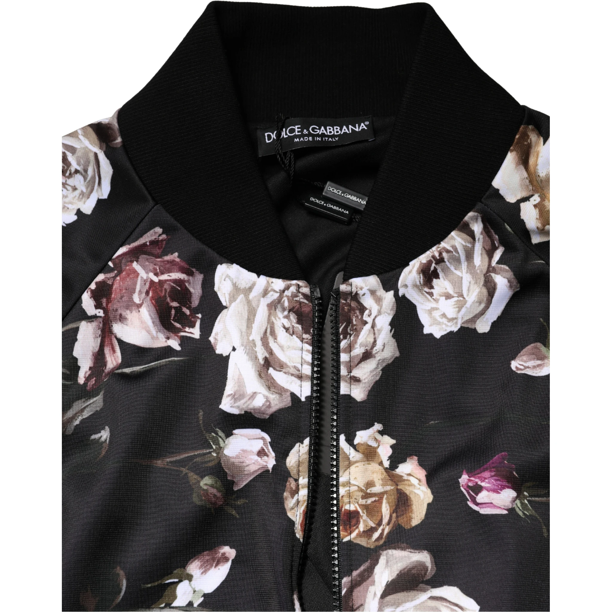 Black Floral Polyester Full Zip Bomber Jacket