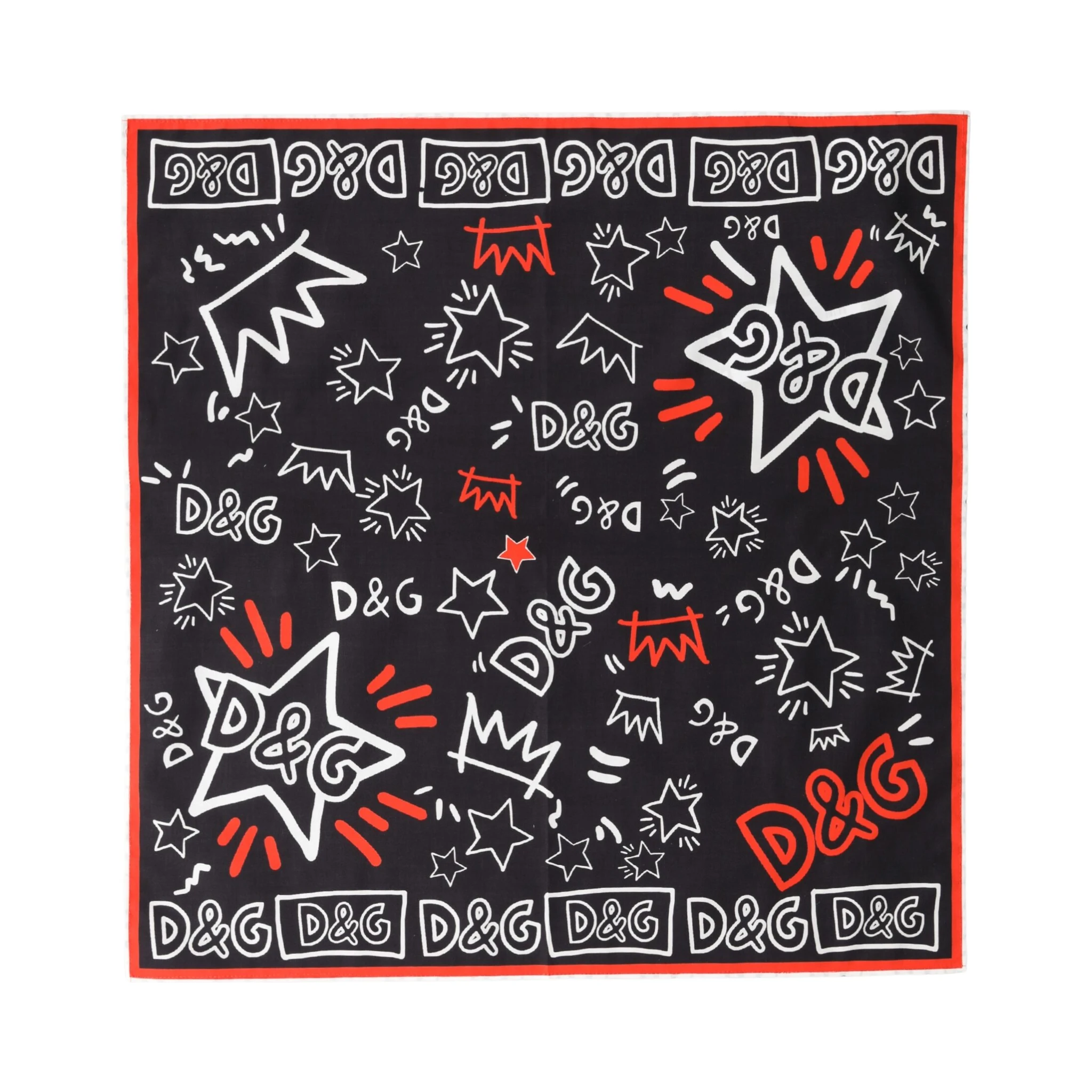Black White Red DG Crown Cotton Foulard 47cm x 46cm Scarf