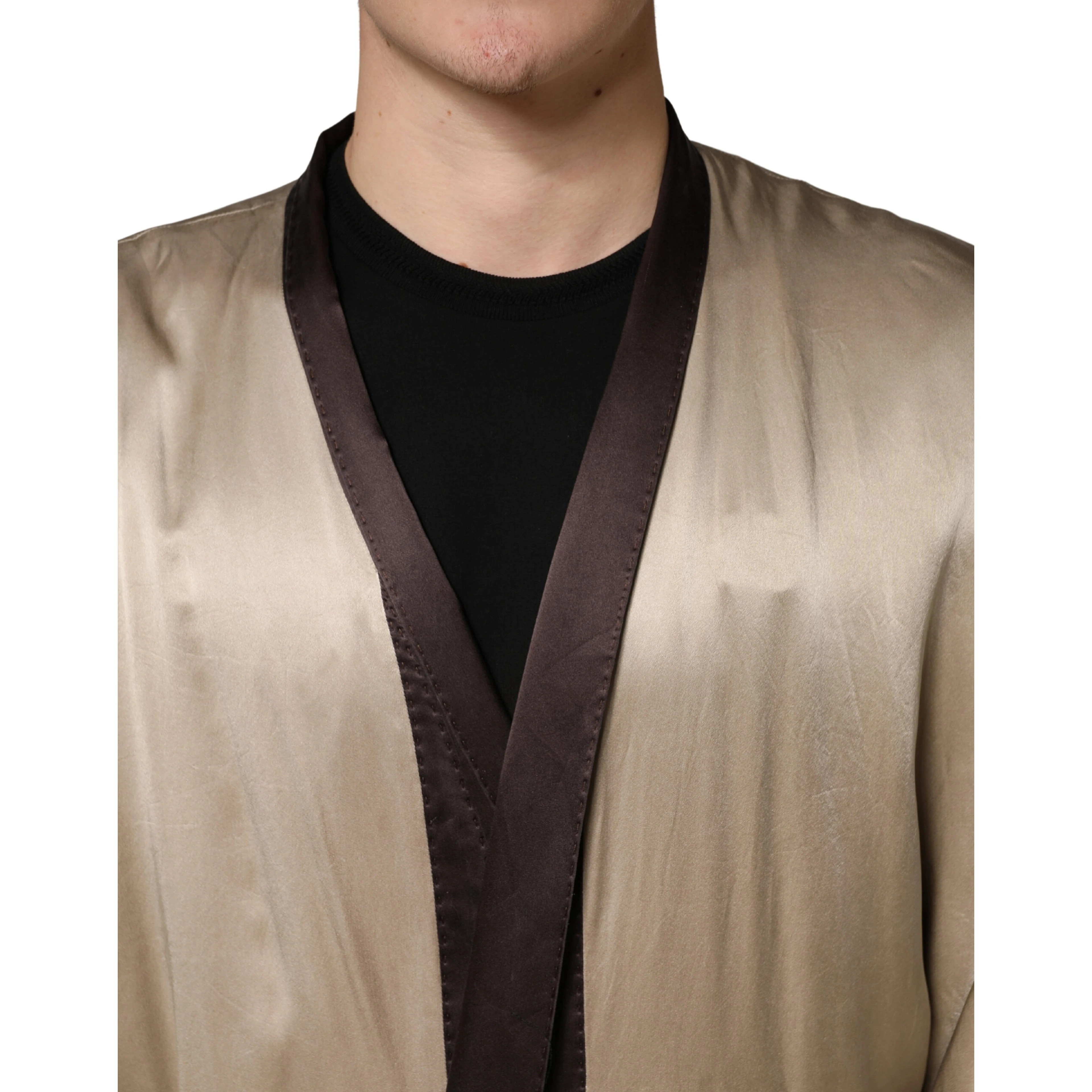 Beige Silk Satin Long Coat Robe Jacket