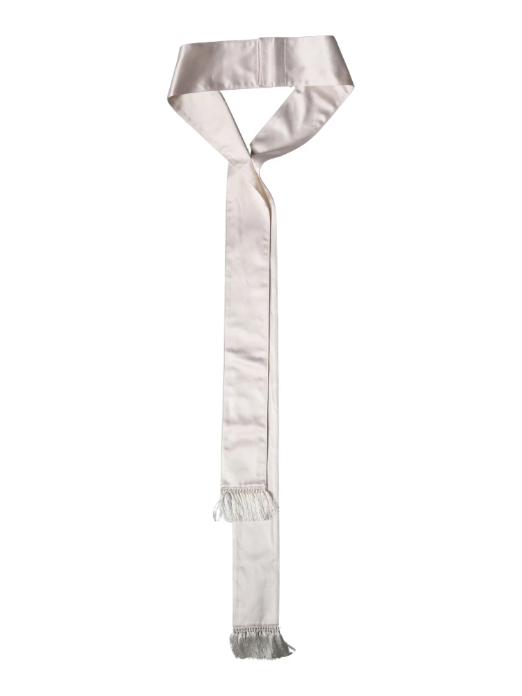 White Silk Satin Fringes Foulard 282cm x 10cm Men Scarf