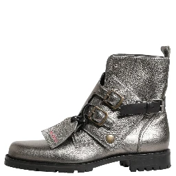 Metallic Silver Leather Buckle Ankle Boots Shoes