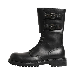 Black Leather Belted Buckle Combat Boots Shoes