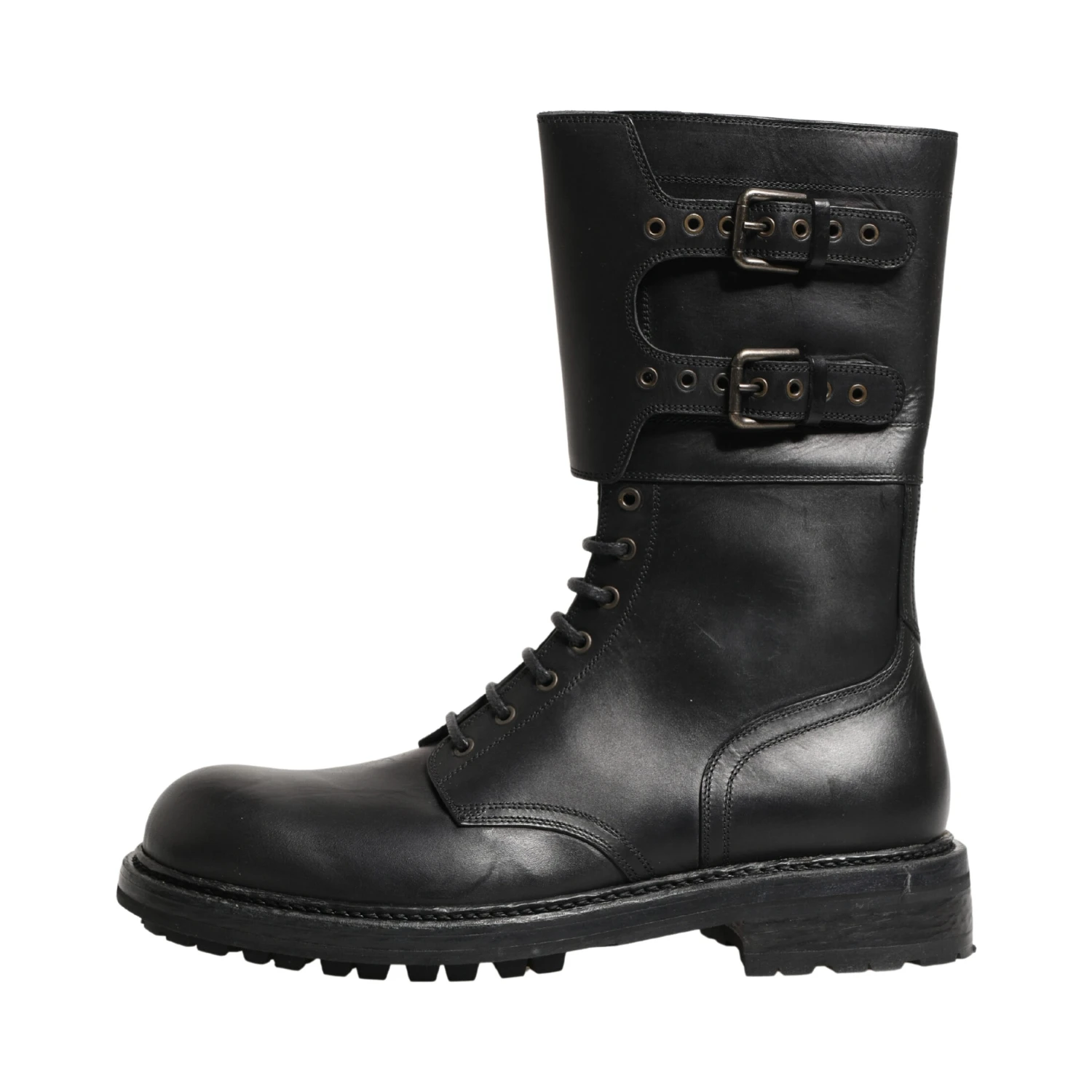 Black Leather Belted Buckle Combat Boots Shoes