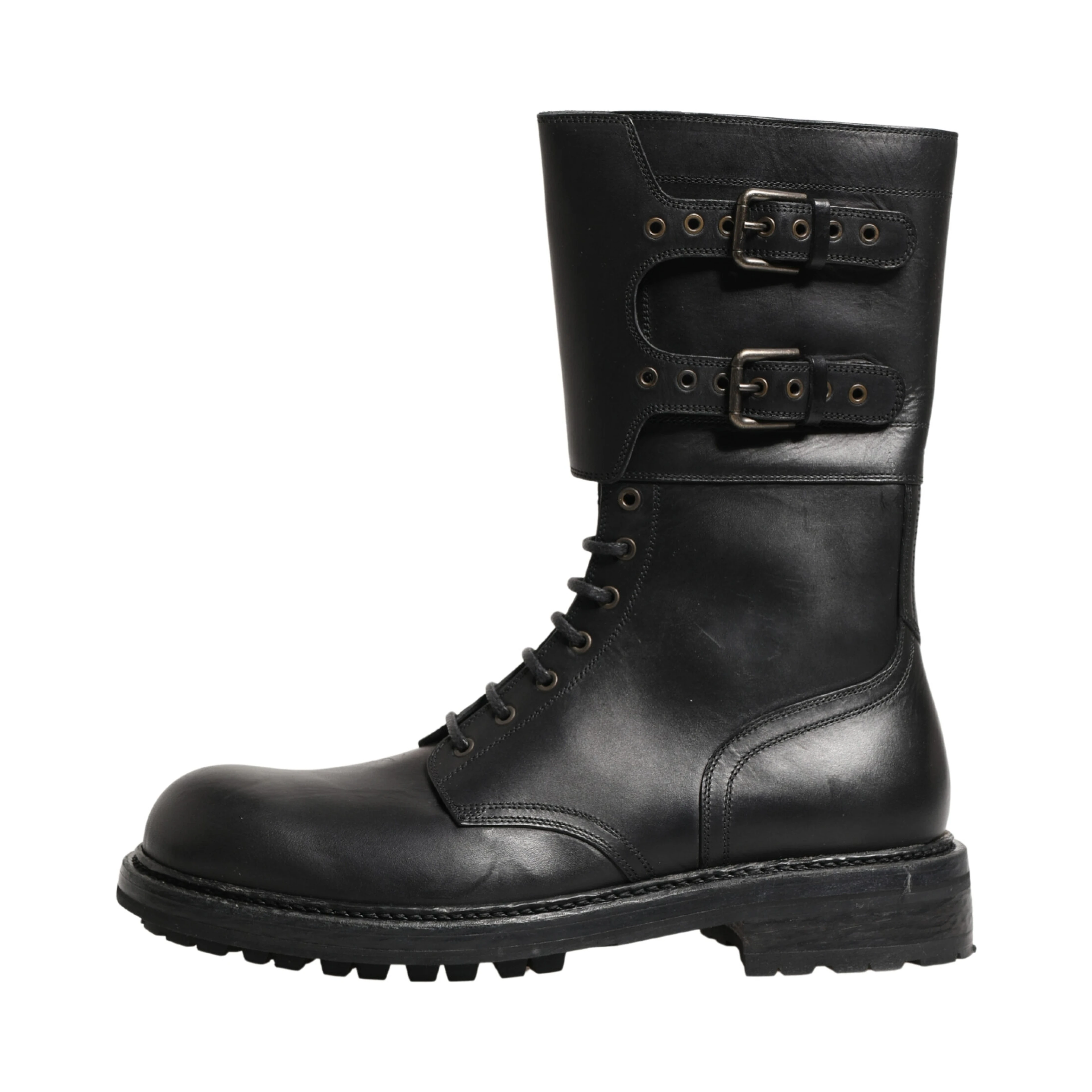 Black Leather Belted Buckle Combat Boots Shoes
