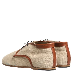 Beige Canvas Leather Trim Dress Derby Shoes