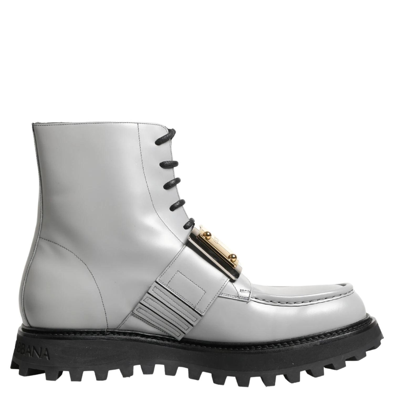 Gray Leather Logo Plaque Ankle Boots Shoes