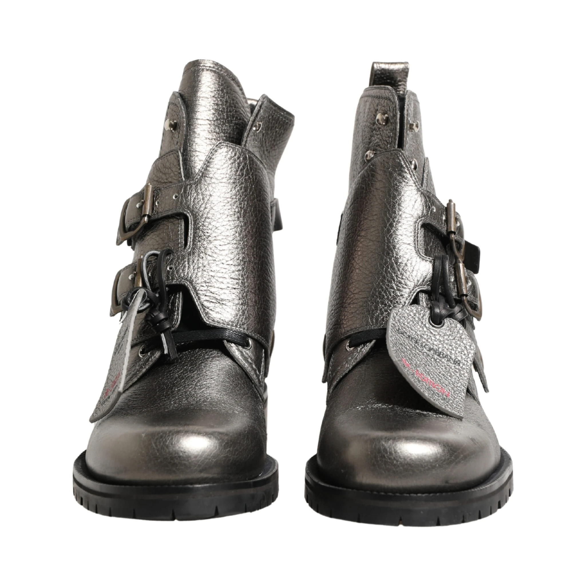 Metallic Silver Leather Buckle Ankle Boots Shoes