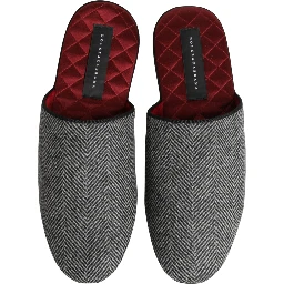 Grey Herringbone Cashmere Red Slippers Shoes