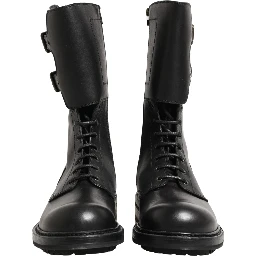 Black Leather Belted Buckle Combat Boots Shoes