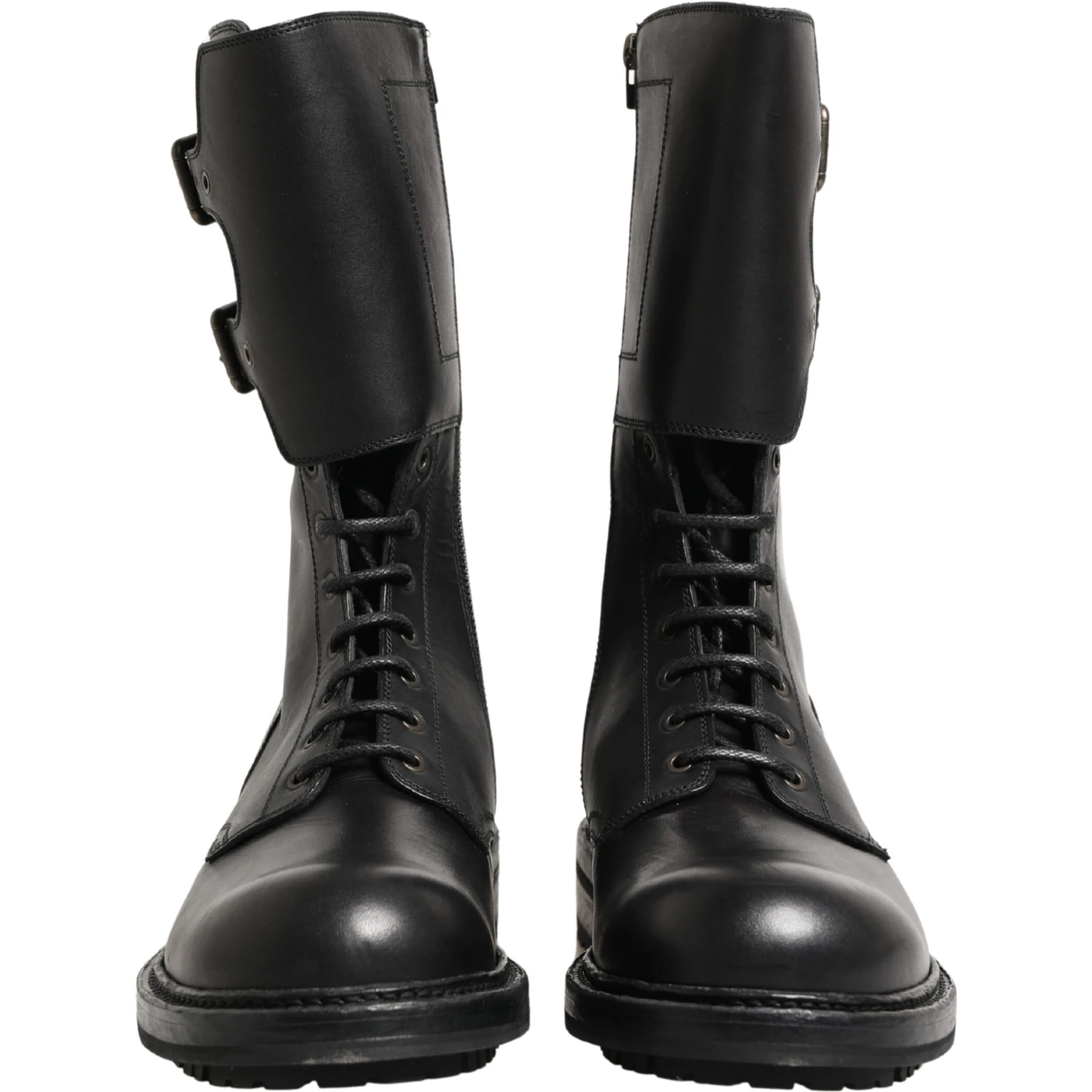 Black Leather Belted Buckle Combat Boots Shoes