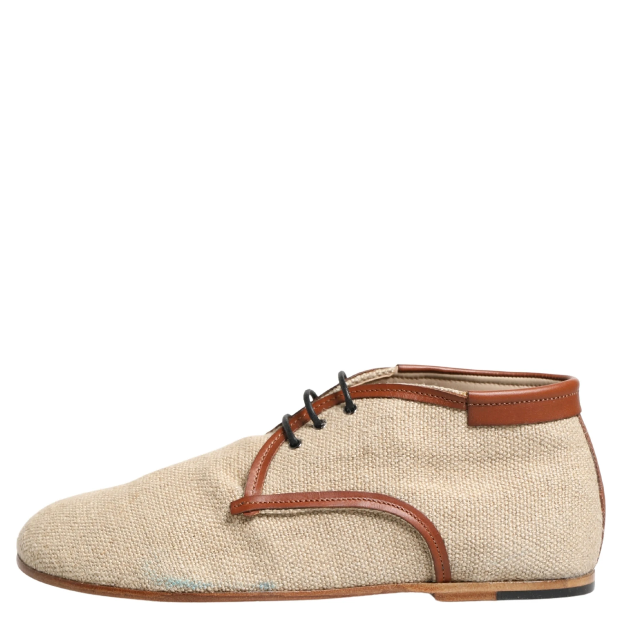 Beige Canvas Leather Trim Dress Derby Shoes