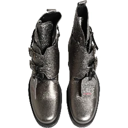 Metallic Silver Leather Buckle Ankle Boots Shoes
