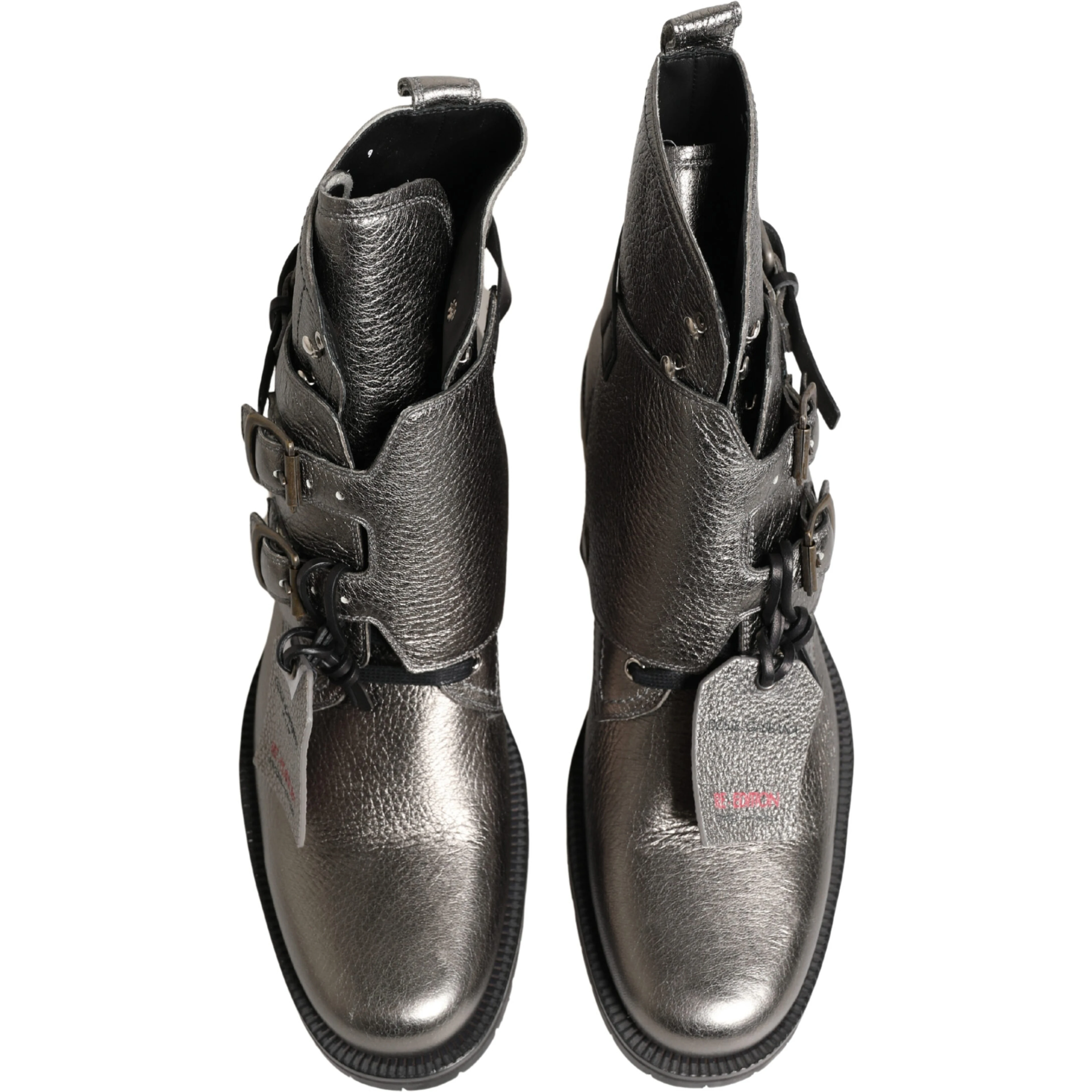 Metallic Silver Leather Buckle Ankle Boots Shoes