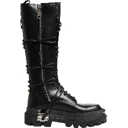 Black Leather Knee High Combat Boots Shoes
