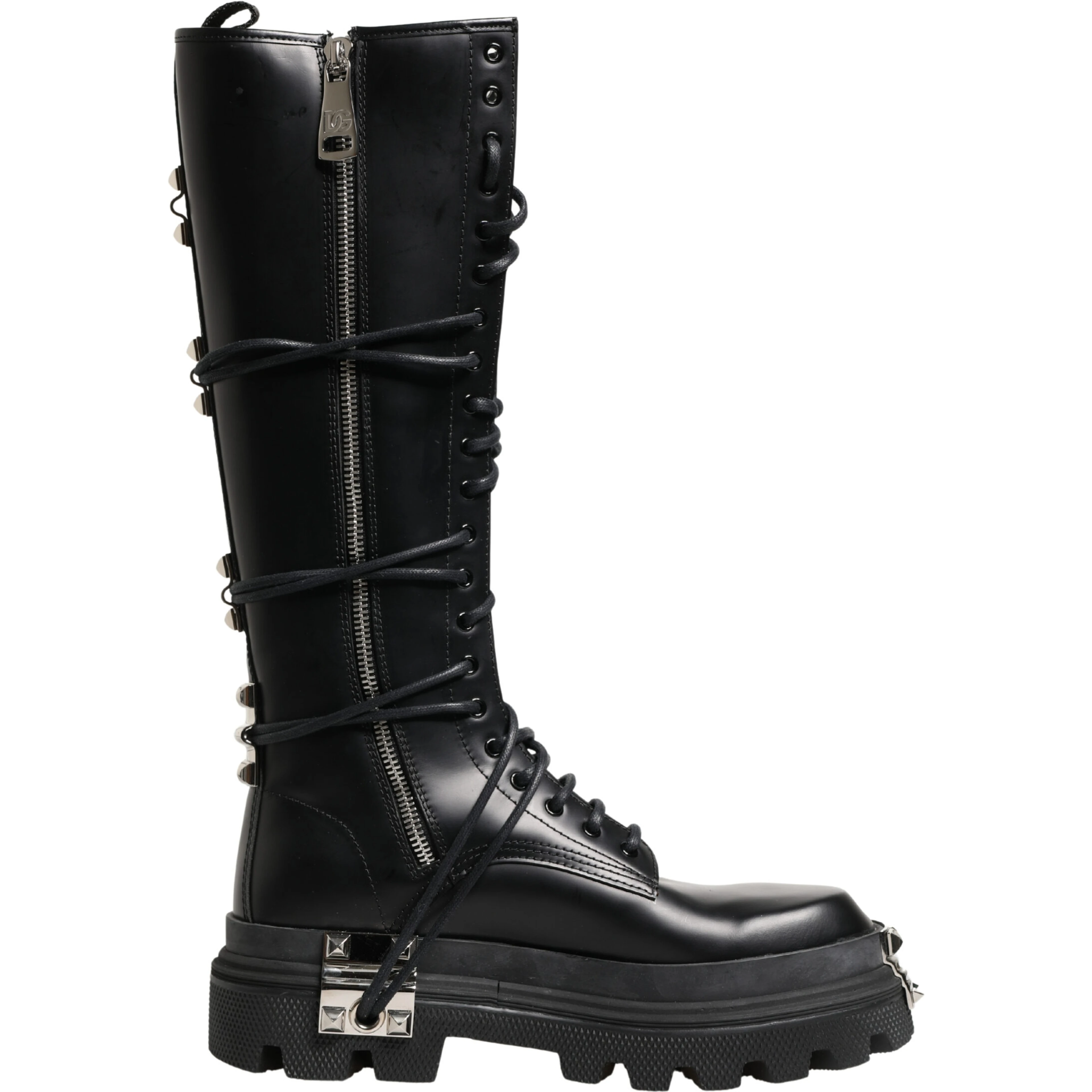 Black Leather Knee High Combat Boots Shoes
