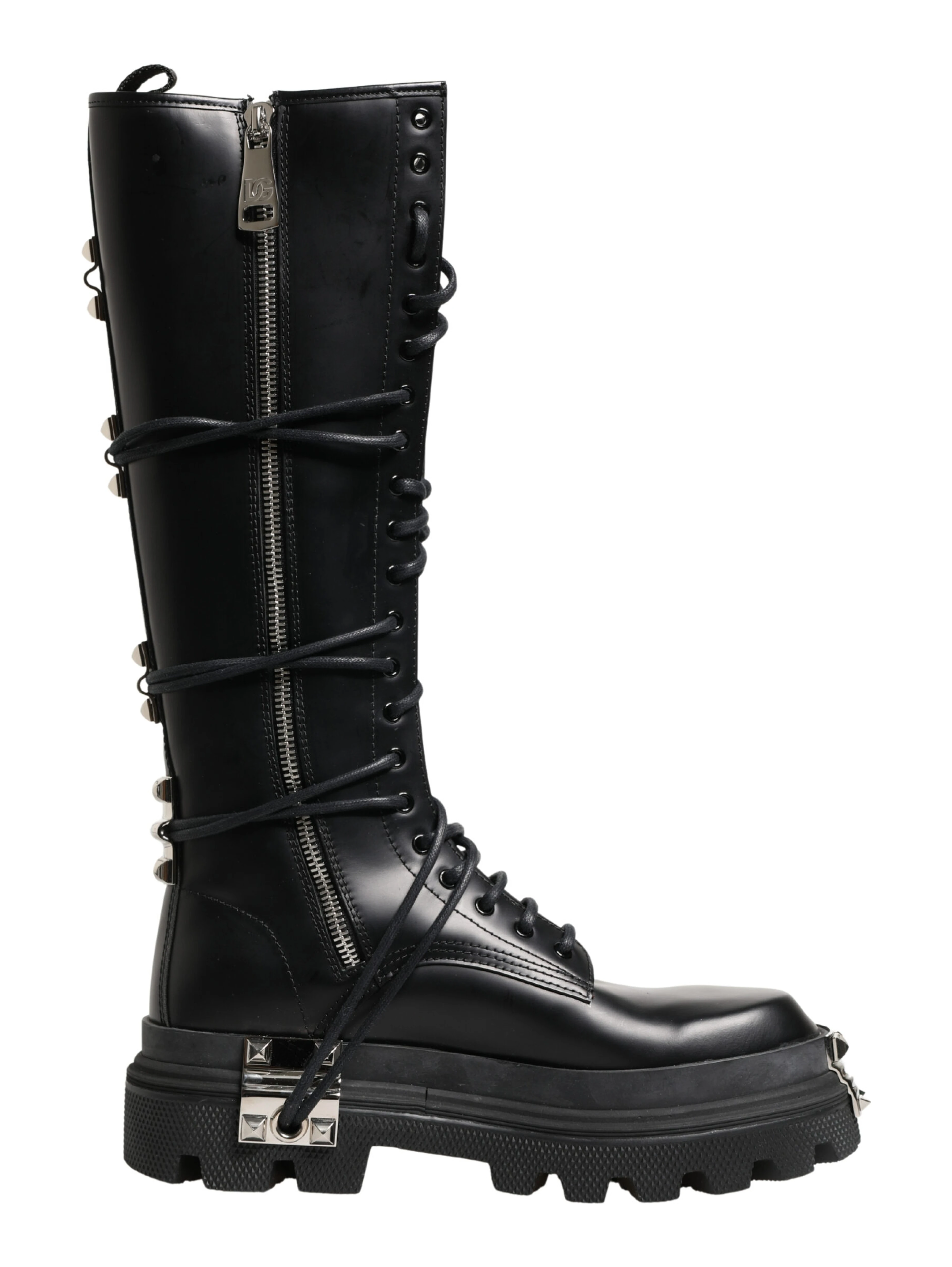 Black Leather Knee High Combat Boots Shoes