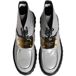 Gray Leather Logo Plaque Ankle Boots Shoes