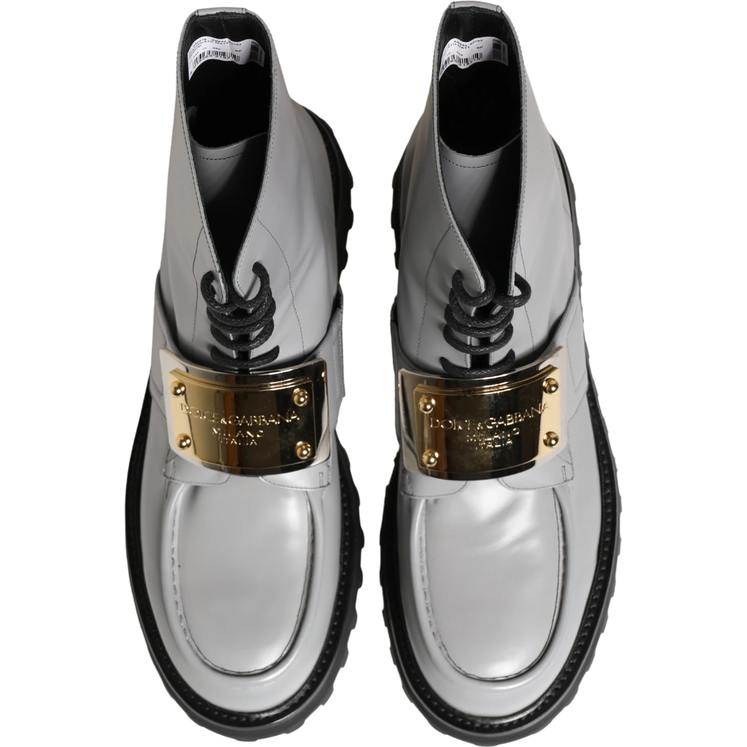 Gray Leather Logo Plaque Ankle Boots Shoes