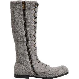 Gray Shearling Lace Up Knee High Boots Shoes