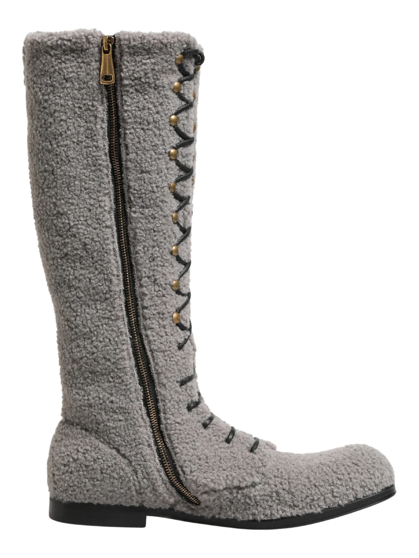 Gray Shearling Lace Up Knee High Boots Shoes