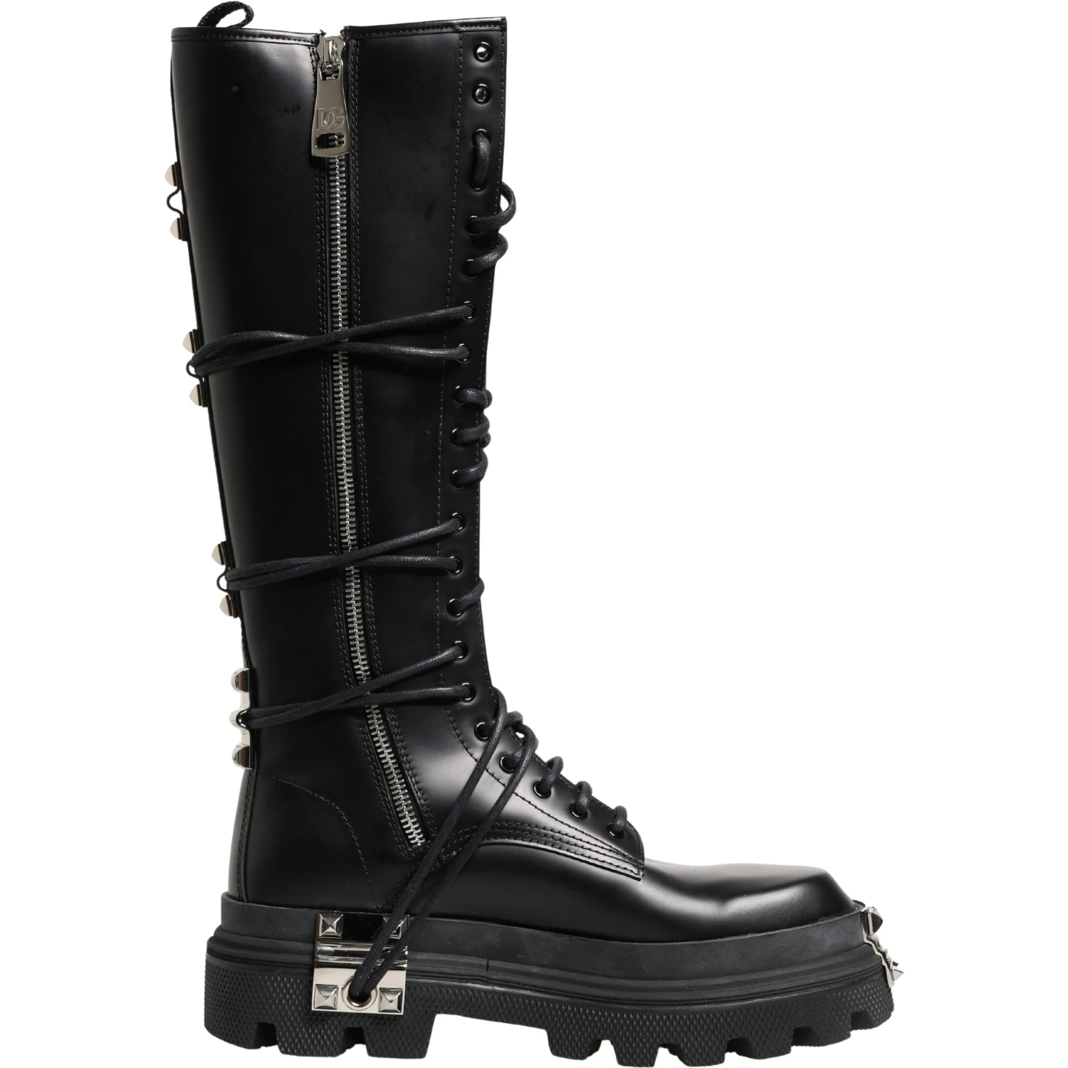 Black Leather Knee High Combat Boots Shoes