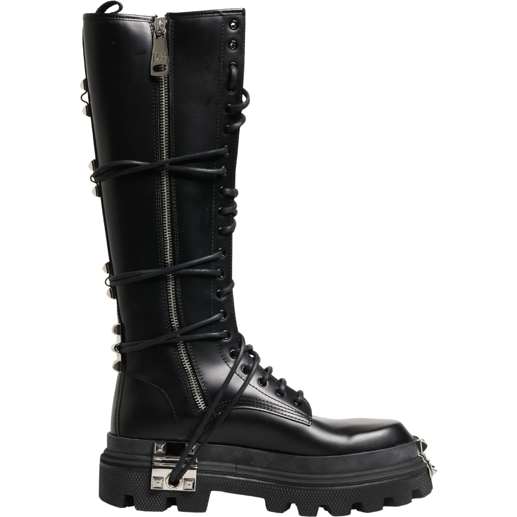 Black Leather Knee High Combat Boots Shoes