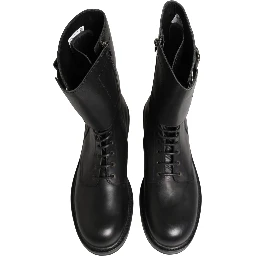 Black Leather Belted Buckle Combat Boots Shoes