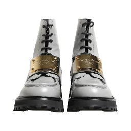 Gray Leather Logo Plaque Ankle Boots Shoes